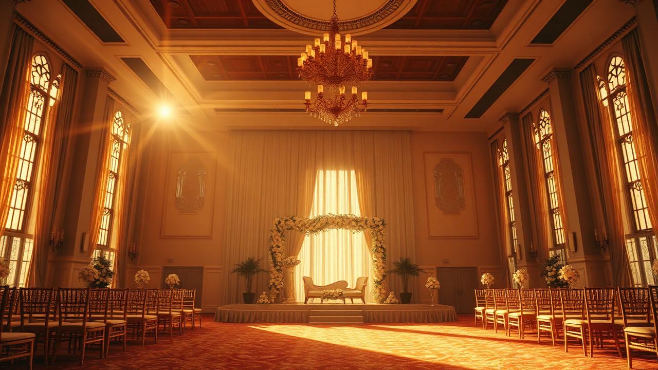 Ballroom pernikahan megah bermandikan cahaya keemasan dengan pelaminan berhias bunga putih